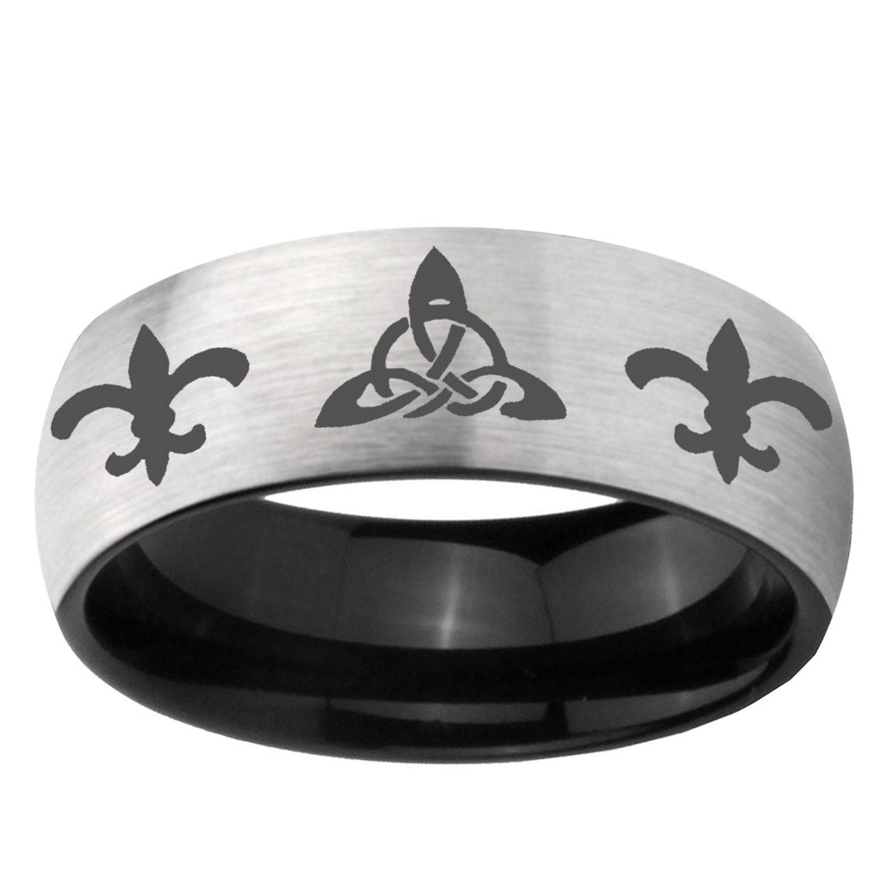 6mm Celtic Triangle Fleur Delis Two-Tone Classic Dome Gray Black Tungsten Promise Ring