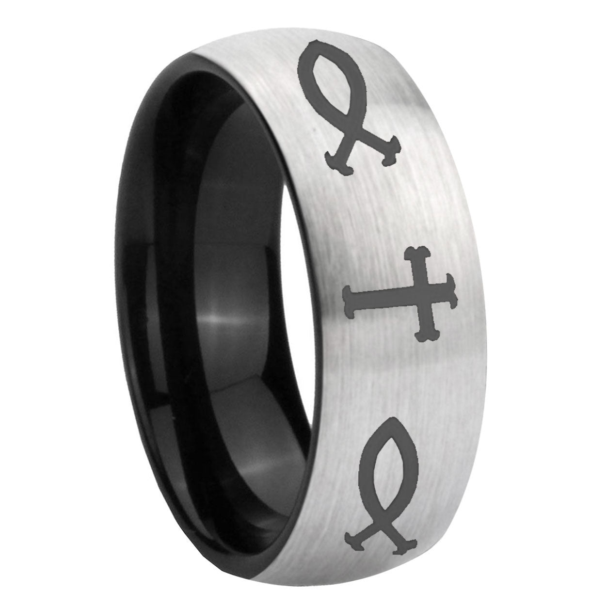 8mm God Is Love Two-Tone Classic Dome Gray Black Tungsten Promise Ring
