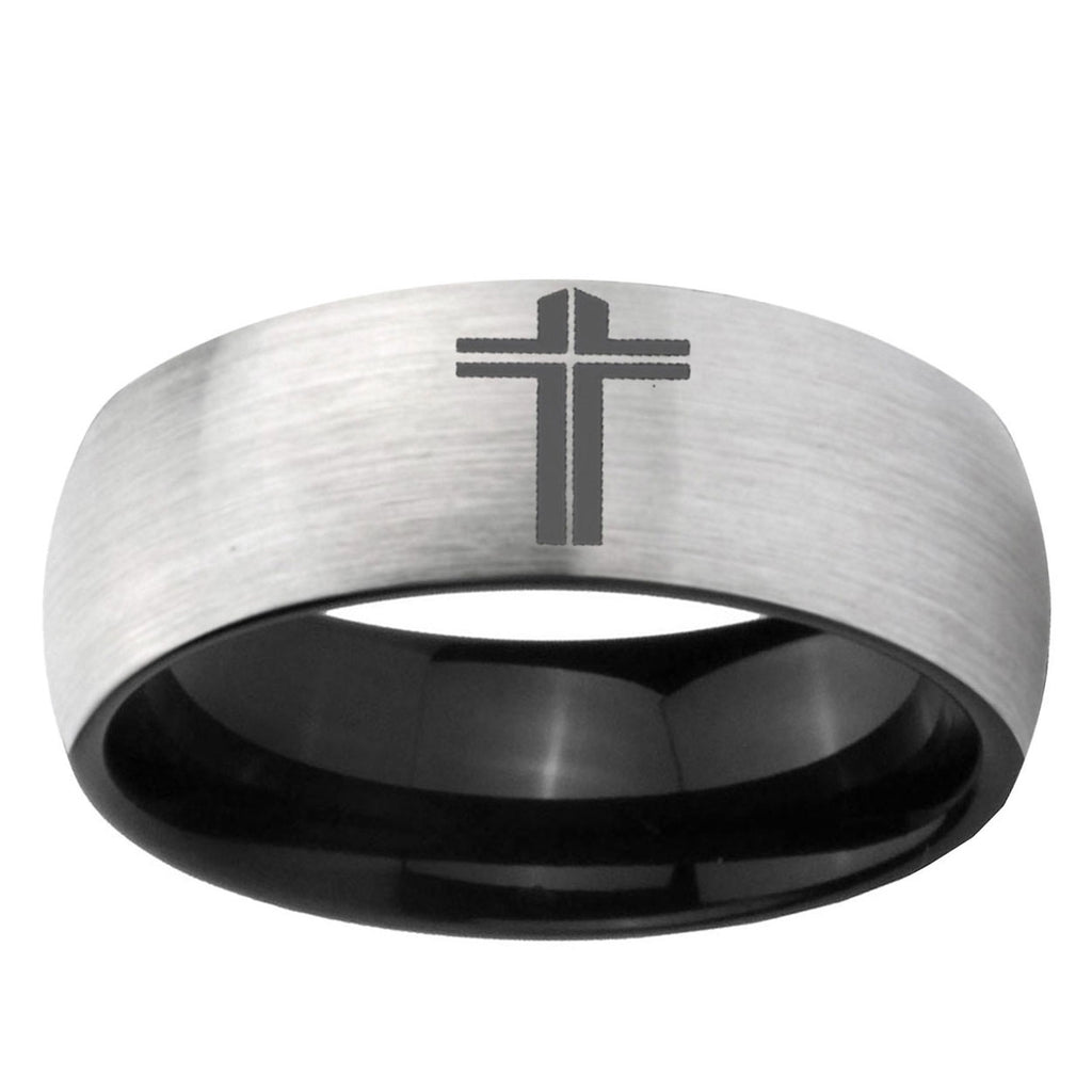 6mm Flat Cross Two-Tone Classic Dome Gray Black Tungsten Promise Ring
