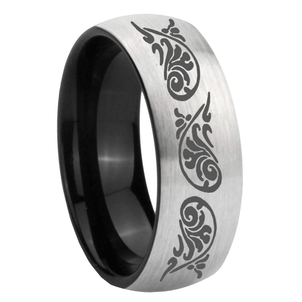 8mm Etched Tribal Two-Tone Classic Dome Gray Black Tungsten Promise Ring