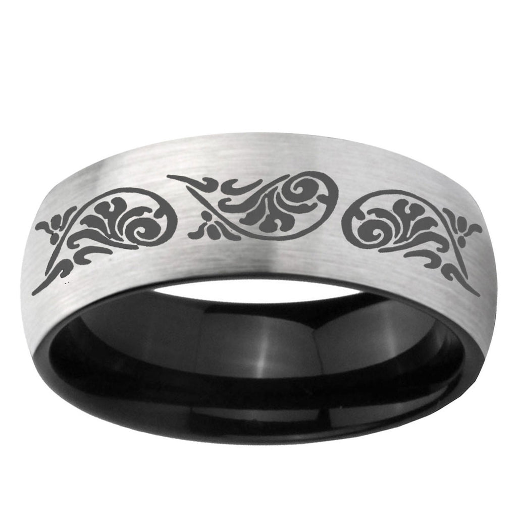 6mm Etched Tribal Two-Tone Classic Dome Gray Black Tungsten Promise Ring