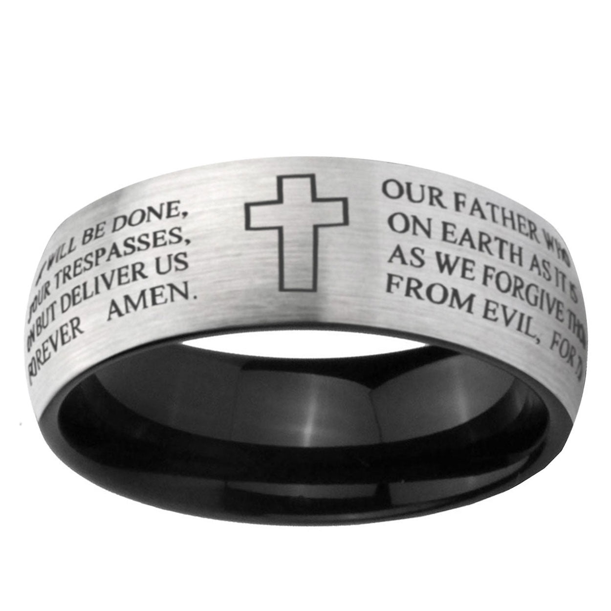 6mm Etched Lord's Prayer Two-Tone Classic Dome Gray Black Tungsten Promise Ring