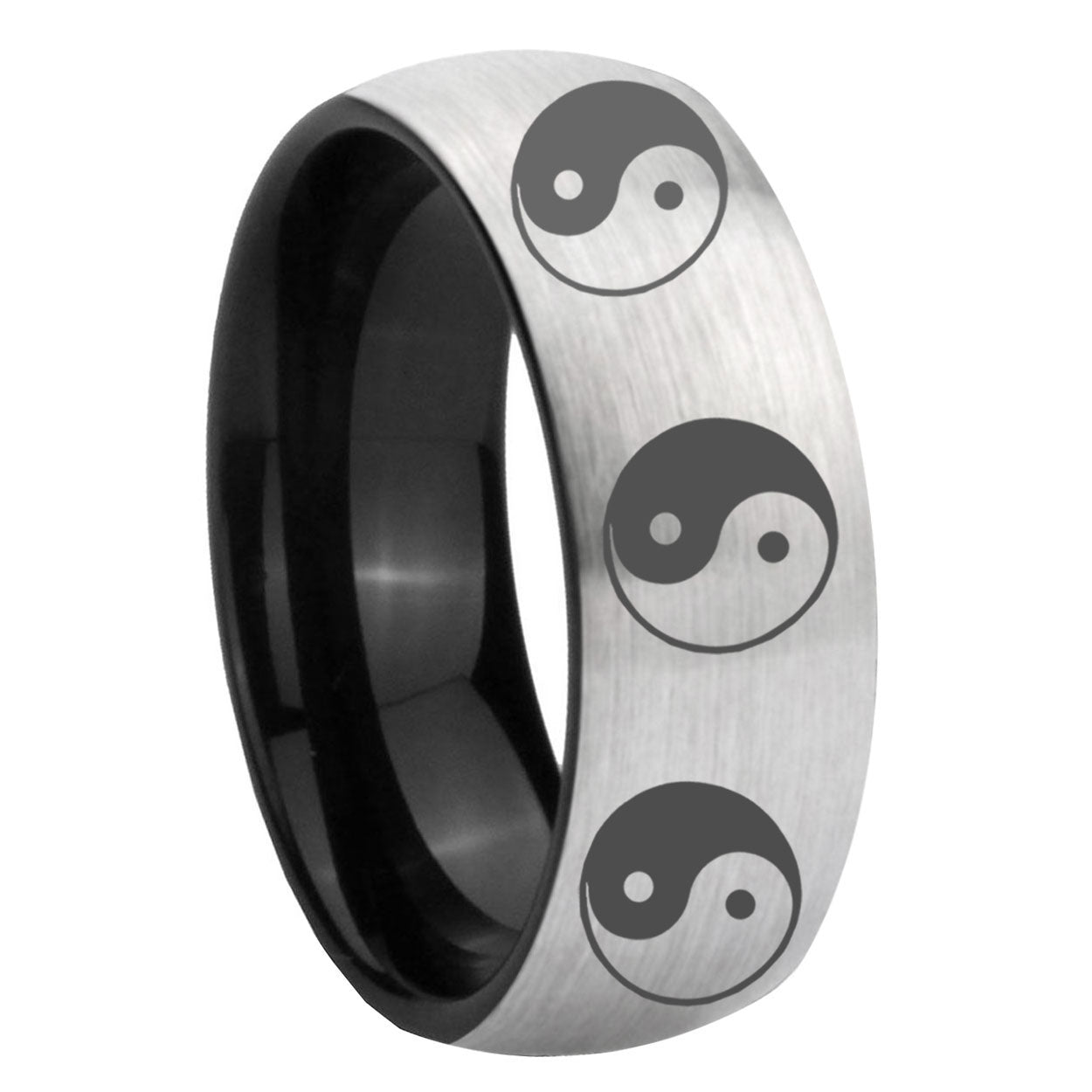 8mm Multiple Yin Yang Two-Tone Classic Dome Gray Black Tungsten Promise Ring