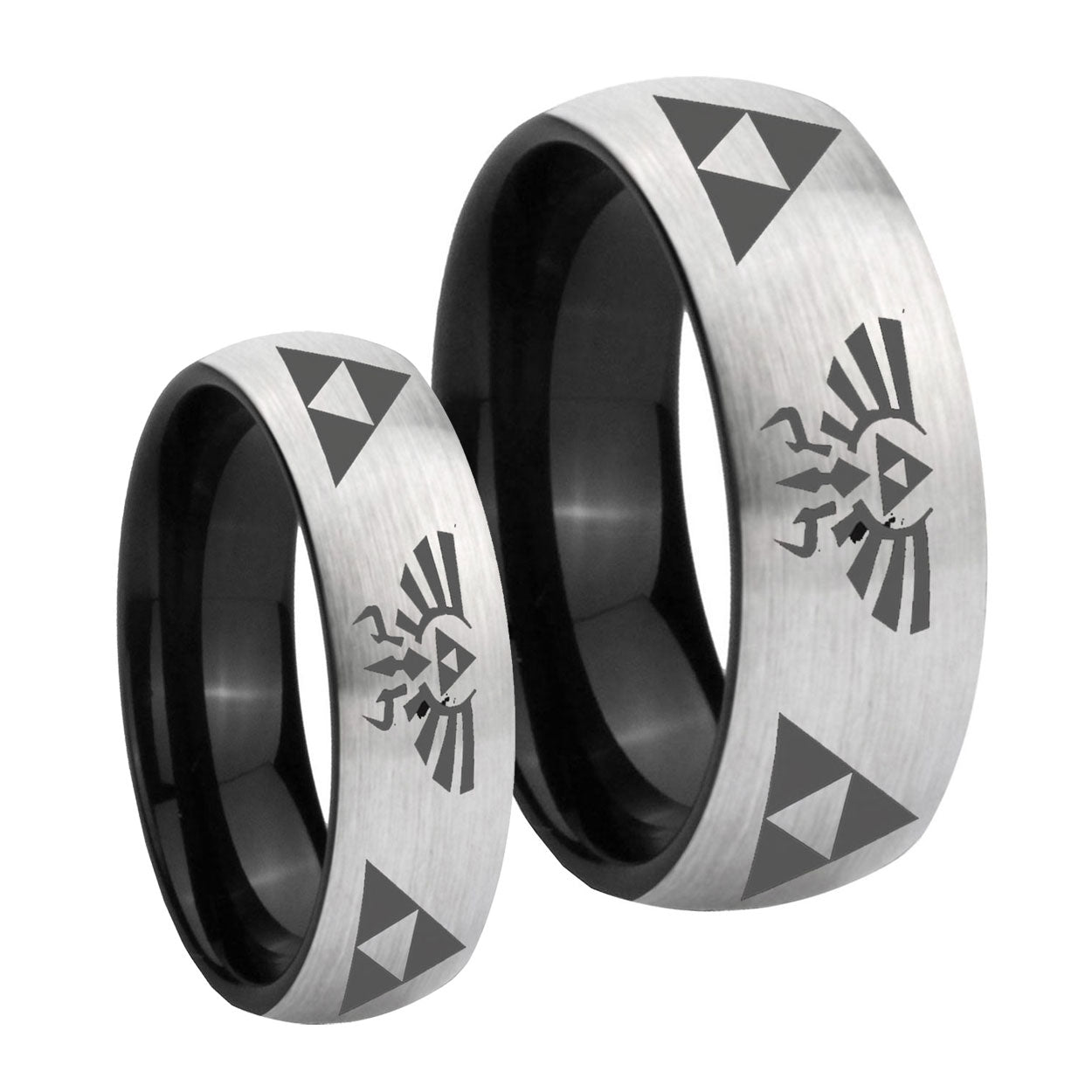 Legend of Zelda Dome Gray Black Tungsten Bridal Set Ring
