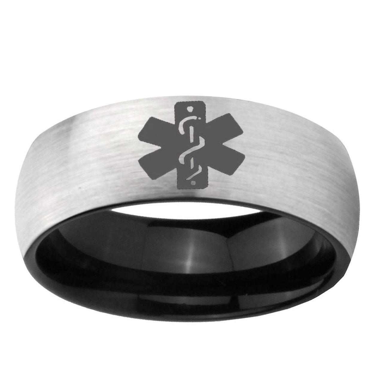 6mm Medical Alert Two-Tone Classic Dome Gray Black Tungsten Promise Ring
