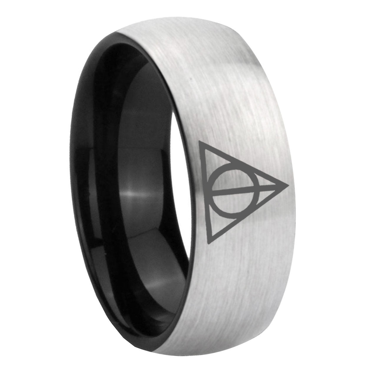 8mm Deathly Hallows Two-Tone Classic Dome Gray Black Tungsten Promise Ring