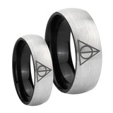 His Hers Deathly Hallows Dome Tungsten Carbide Gray Black Wedding Ring Set