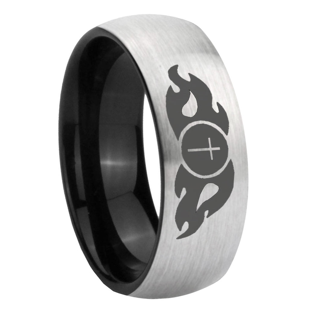8mm Flamed Cross Two-Tone Classic Dome Gray Black Tungsten Promise Ring