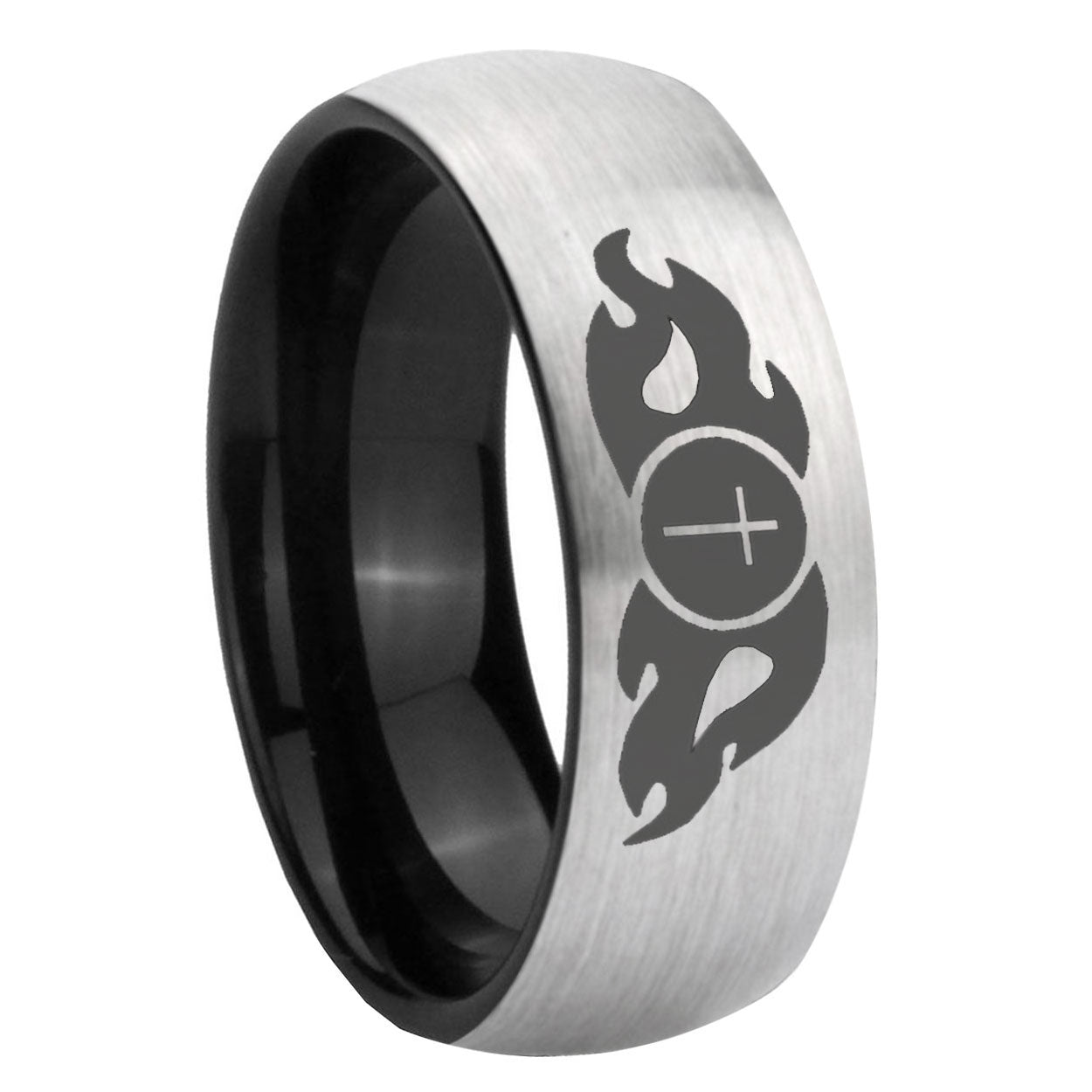 8mm Flamed Cross Two-Tone Classic Dome Gray Black Tungsten Promise Ring