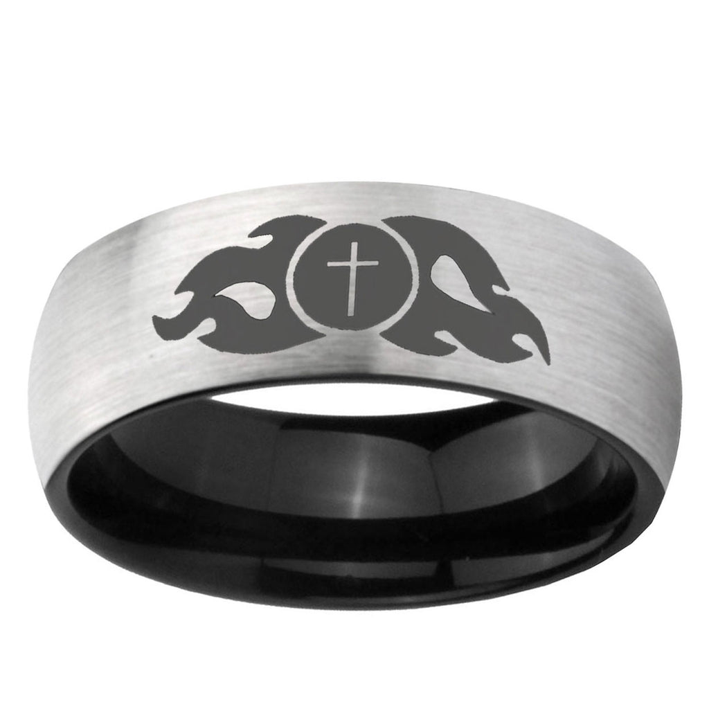 6mm Flamed Cross Two-Tone Classic Dome Gray Black Tungsten Promise Ring