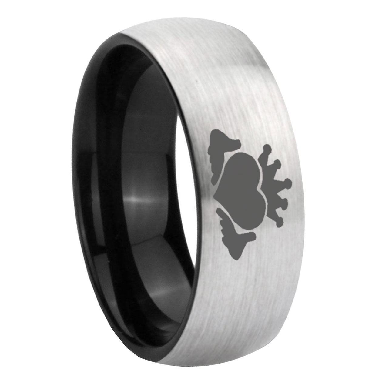 8mm Claddagh Design Two-Tone Classic Dome Gray Black Tungsten Promise Ring