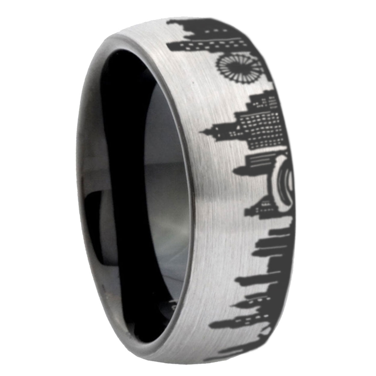 8mm Chicago City Two-Tone Classic Dome Gray Black Tungsten Promise Ring