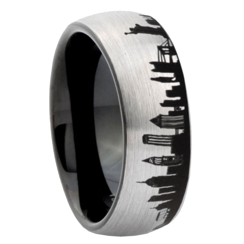 8mm NY New York City Two-Tone Classic Dome Gray Black Tungsten Promise Ring