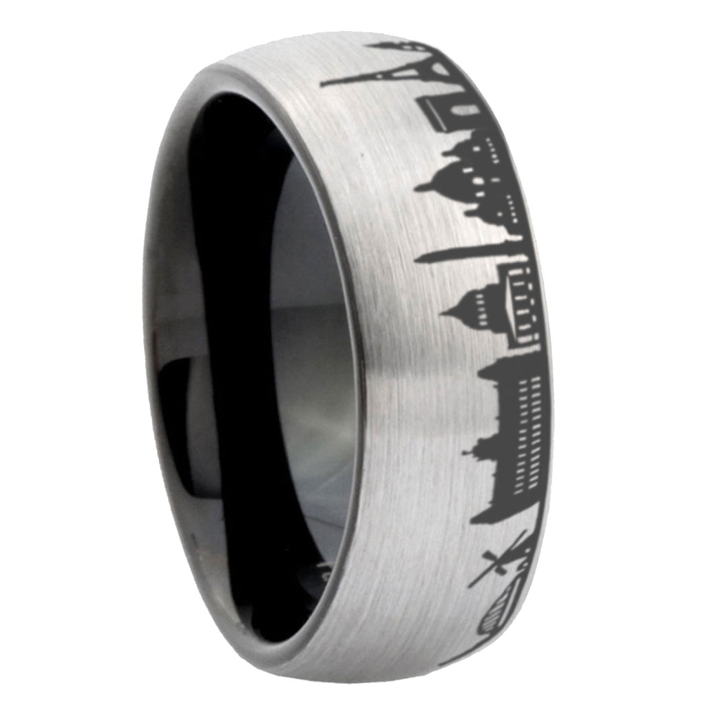6mm France Paris City Two-Tone Classic Dome Gray Black Tungsten Promise Ring