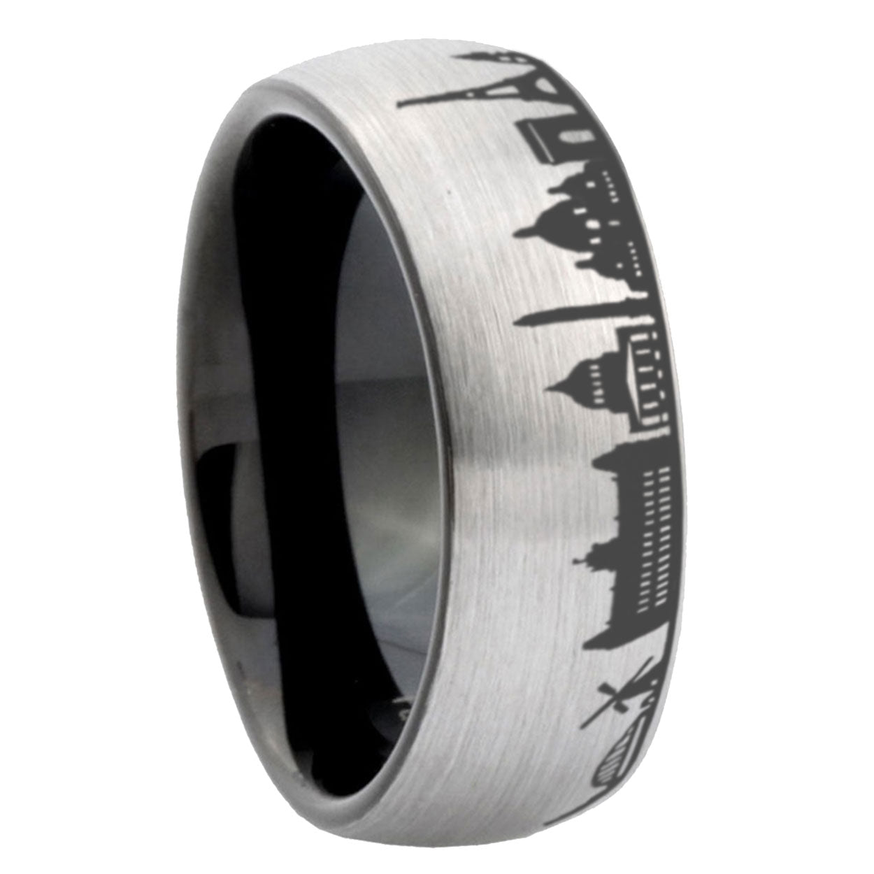 6mm France Paris City Two-Tone Classic Dome Gray Black Tungsten Promise Ring