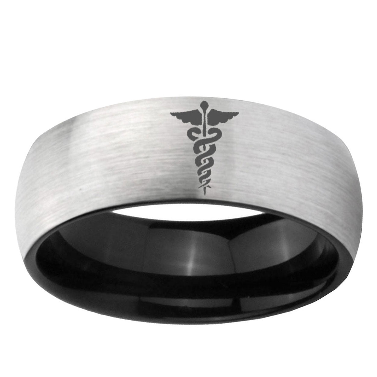 6mm Medical Symbol Two-Tone Classic Dome Gray Black Tungsten Promise Ring