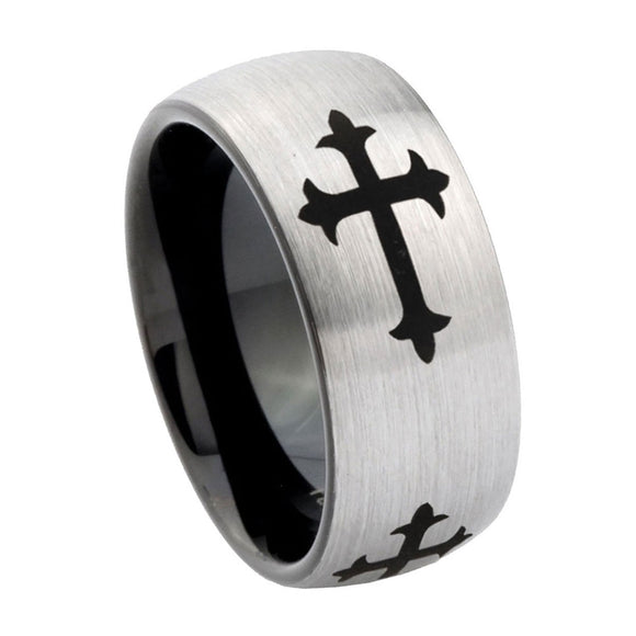 10mm-Christian-Cross-Religious-Dome-Tungsten-Carbide-Silver-Black-Engagement-Ring