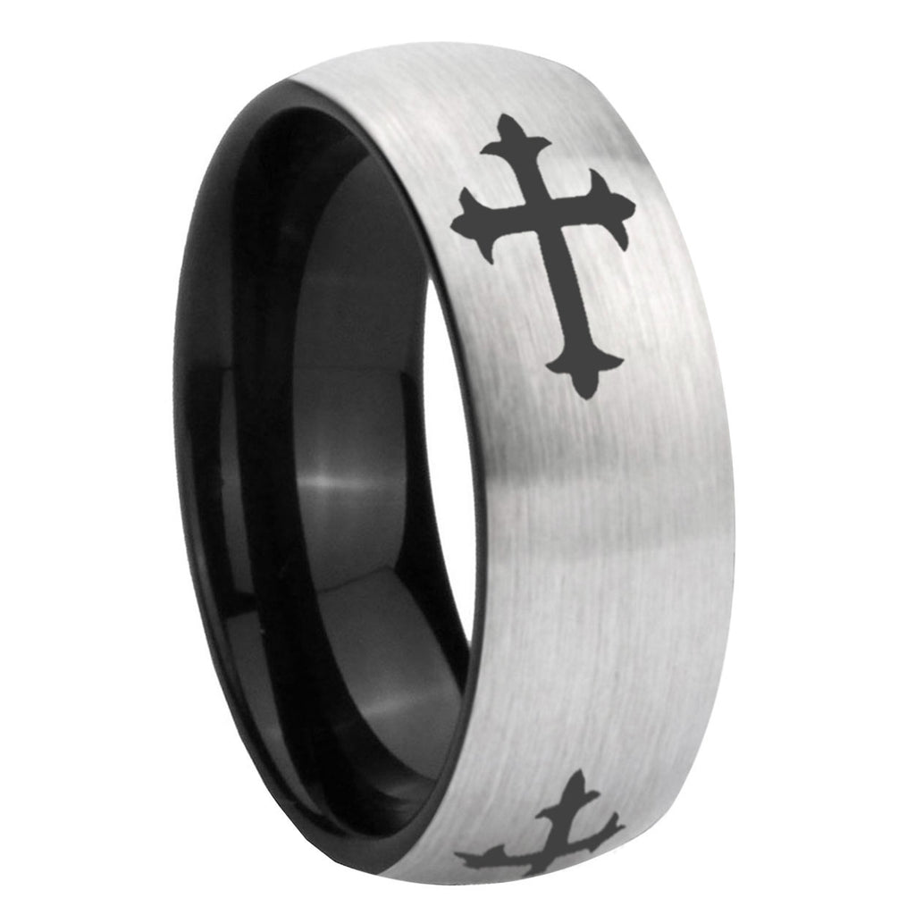 8mm Christian Cross Religious Two-Tone Classic Dome Gray Black Tungsten Promise Ring