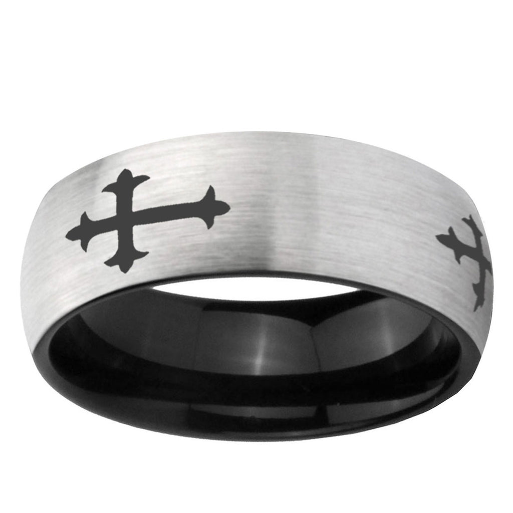 6mm Christian Cross Religious Two-Tone Classic Dome Gray Black Tungsten Promise Ring