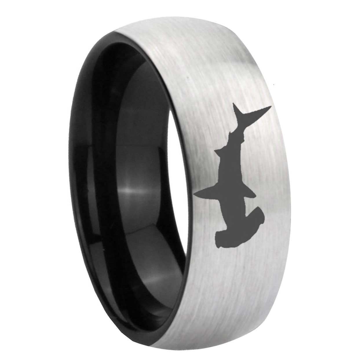 8mm Hammerhead Shark Two-Tone Classic Dome Gray Black Tungsten Promise Ring
