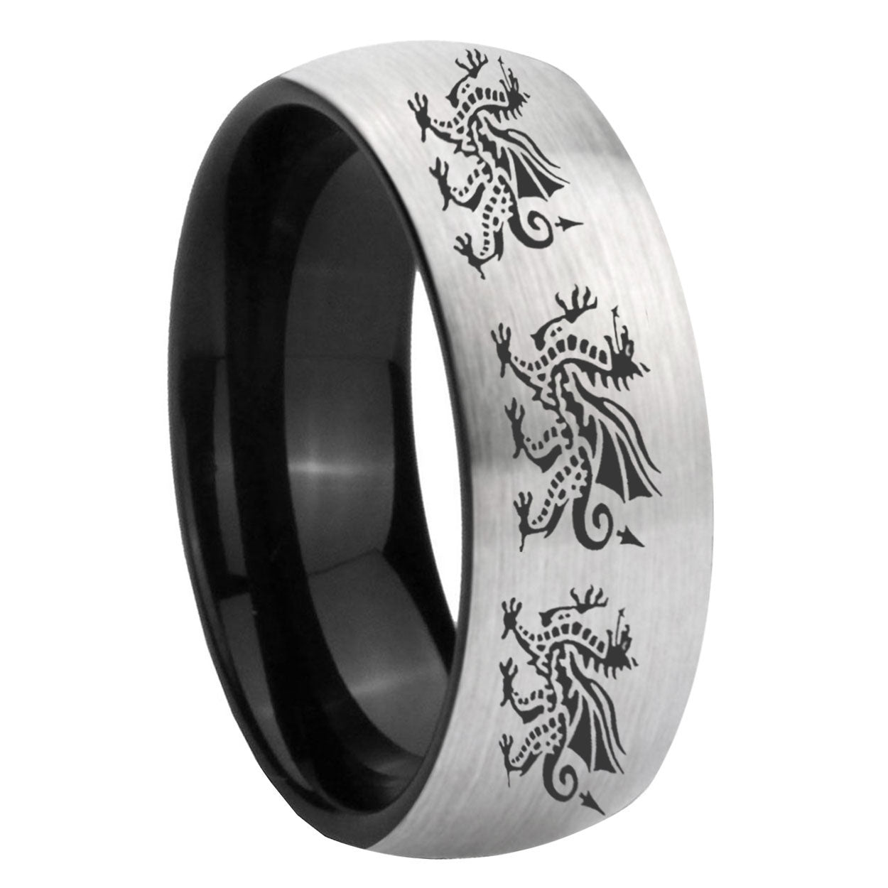 8mm Multiple Dragon Two-Tone Classic Dome Gray Black Tungsten Promise Ring