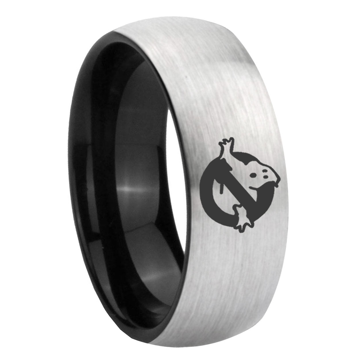 8mm Ghostbusters Two-Tone Classic Dome Gray Black Tungsten Promise Ring