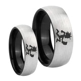 His Hers Hatchet Man Dome Tungsten Carbide Gray Black Wedding Ring Set