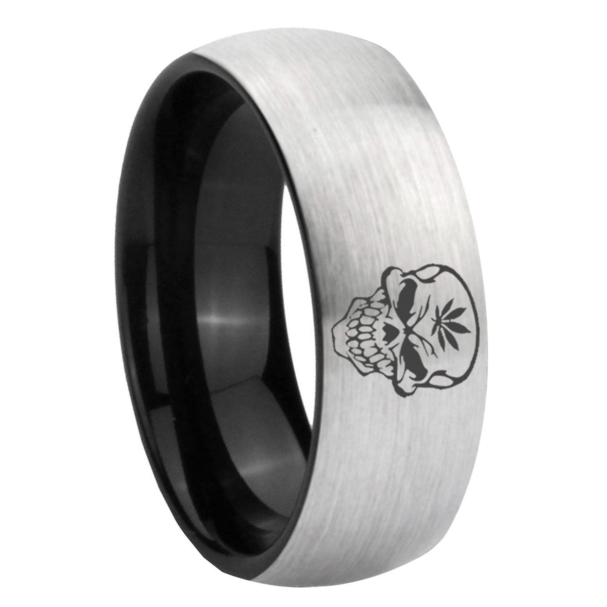 8mm Skull Marijuana Leaf Two-Tone Classic Dome Gray Black Tungsten Promise Ring