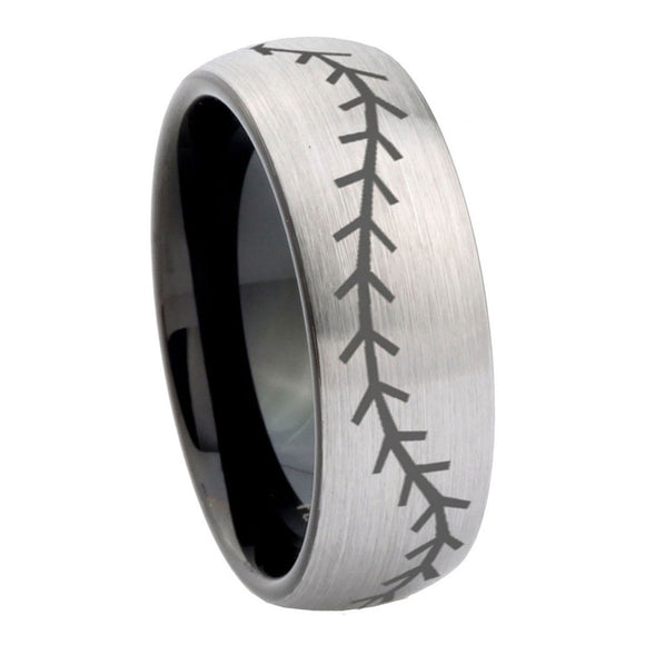 10mm-Baseball-Dome-Tungsten-Carbide-Silver-Black-Men's-Band-Ring