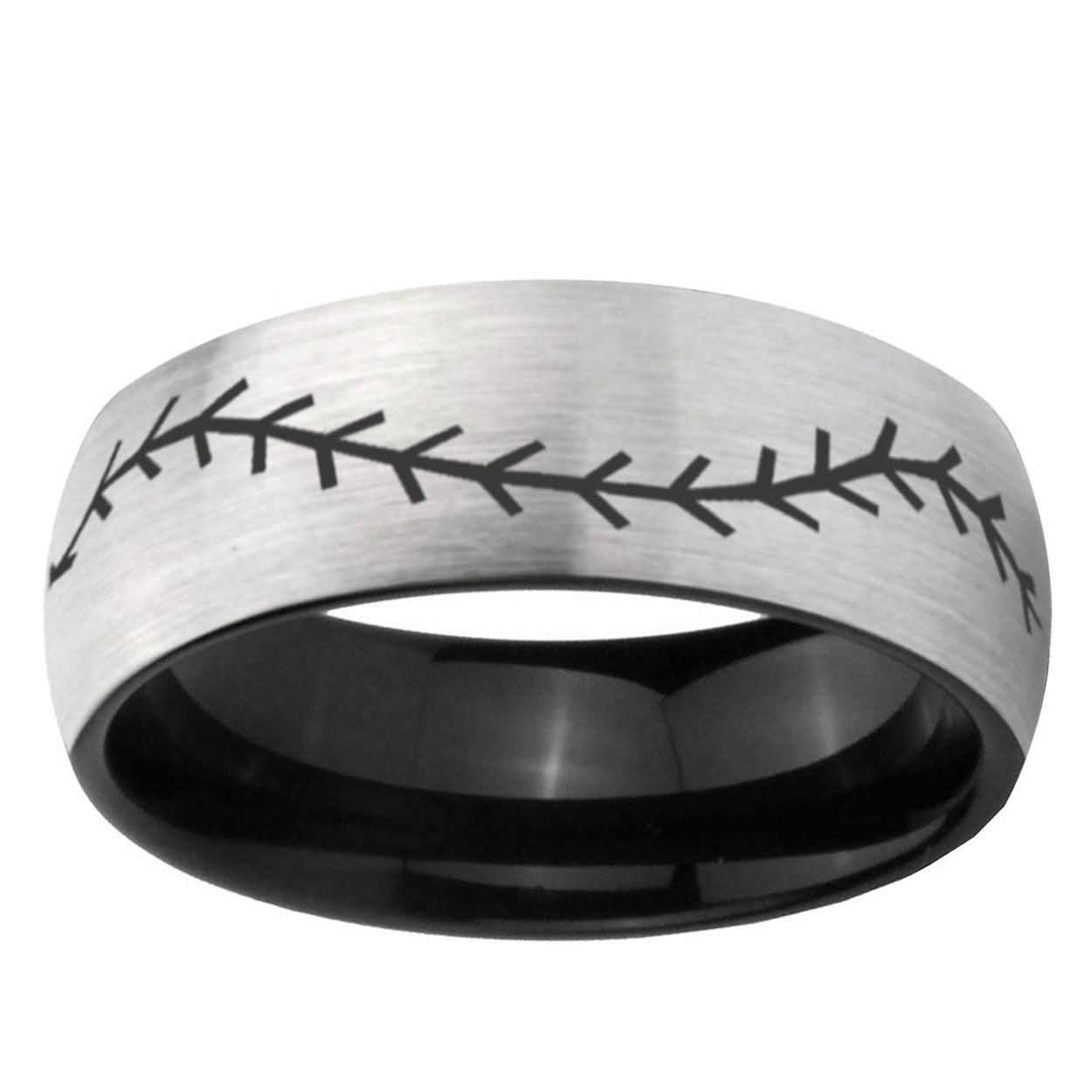 6mm Baseball Stitch Two-Tone Classic Dome Gray Black Tungsten Promise Ring