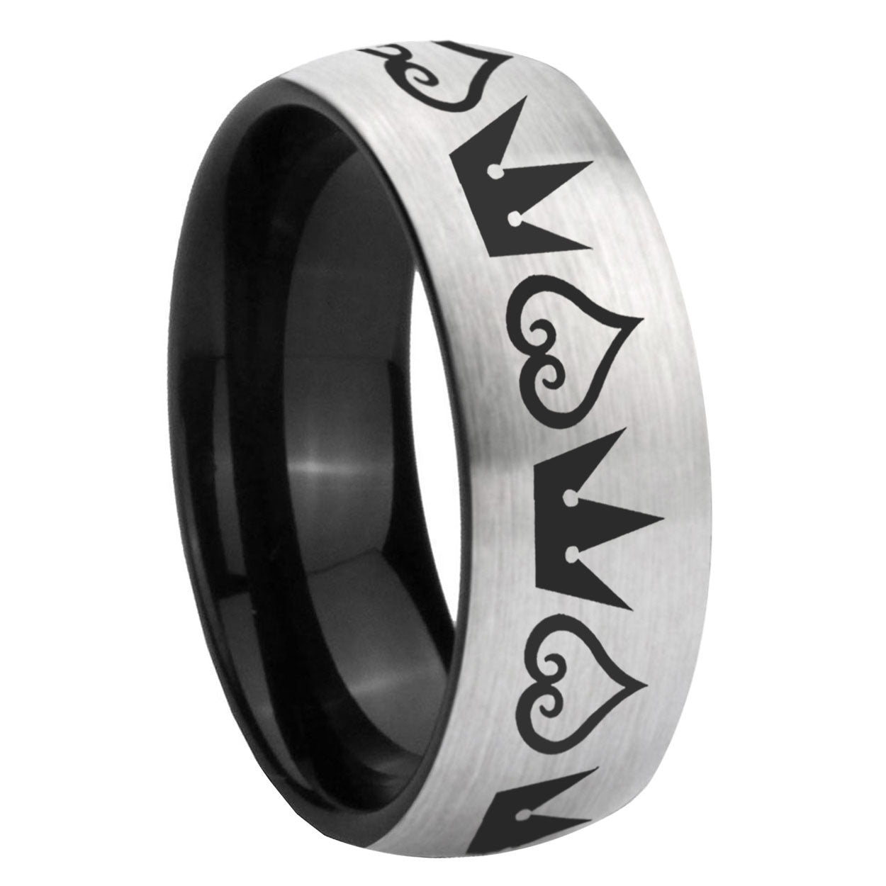 8mm Hearts and Crowns Two-Tone Classic Dome Gray Black Tungsten Promise Ring