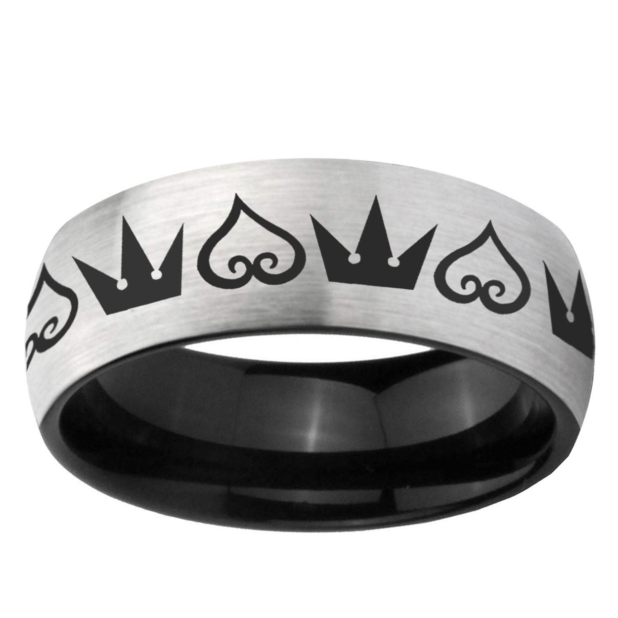 6mm Hearts and Crowns Two-Tone Classic Dome Gray Black Tungsten Promise Ring