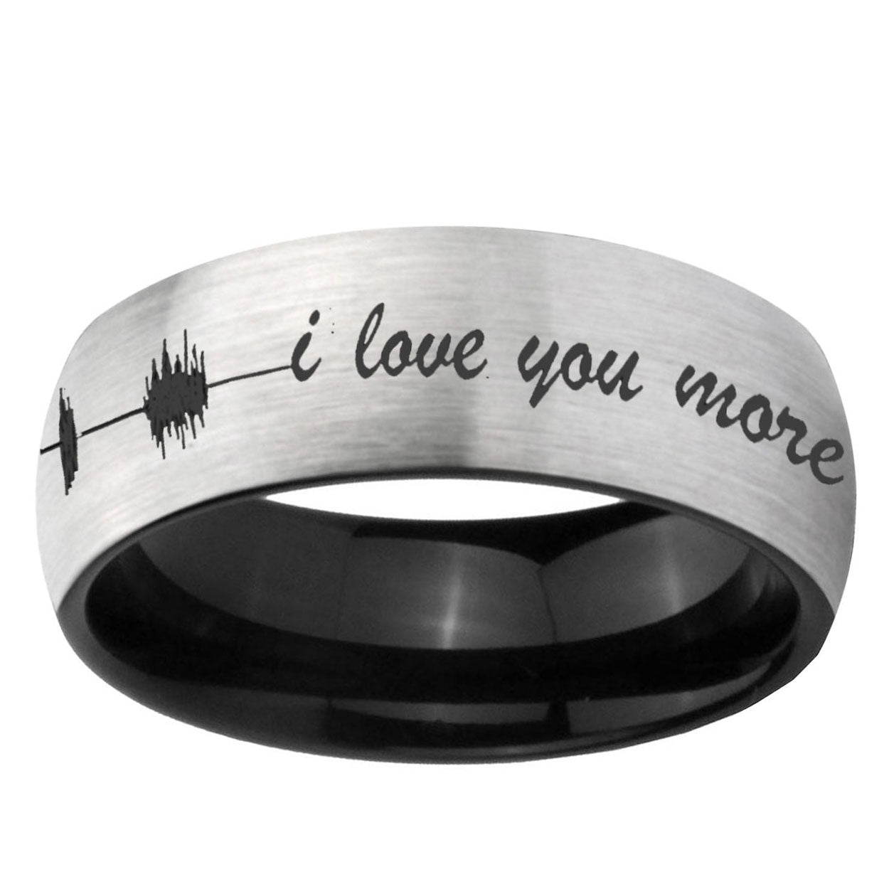 6mm Sound Wave I love you Two-Tone Classic Dome Gray Black Tungsten Promise Ring