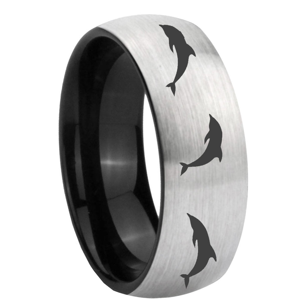 8mm Dolphins Two-Tone Classic Dome Gray Black Tungsten Promise Ring