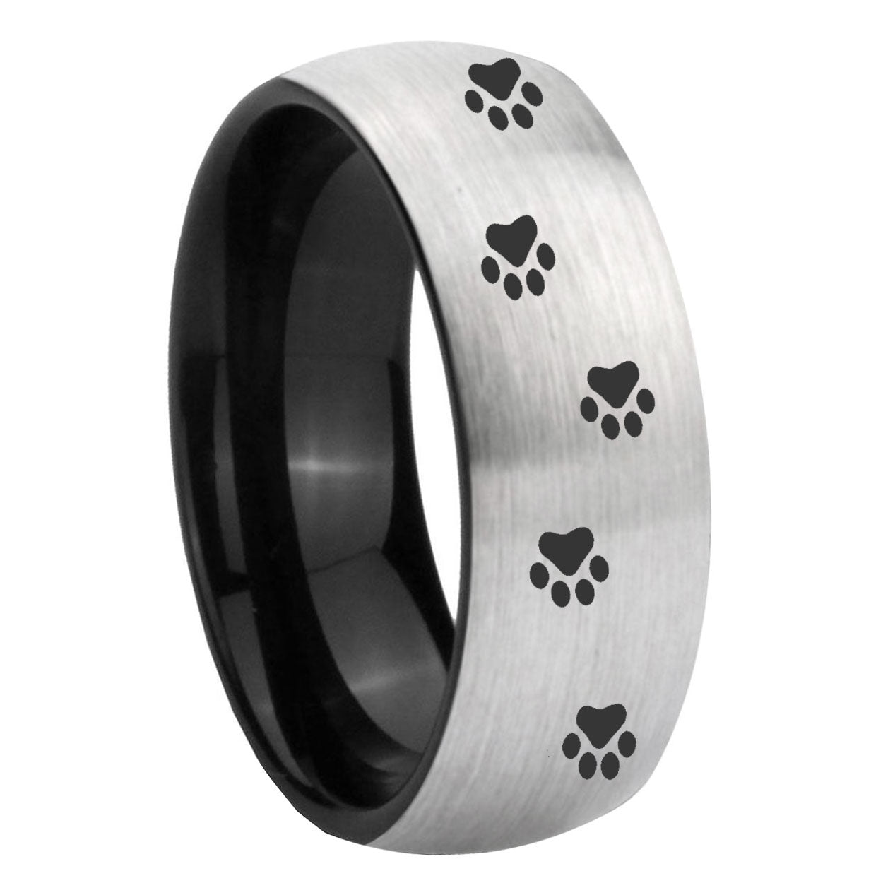 8mm Paw Print Two-Tone Classic Dome Gray Black Tungsten Promise Ring