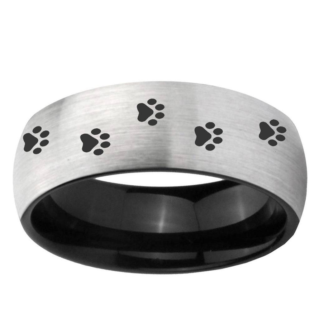 10mm Paw Print Design Dome Tungsten Carbide Silver Black Mens Promise Ring