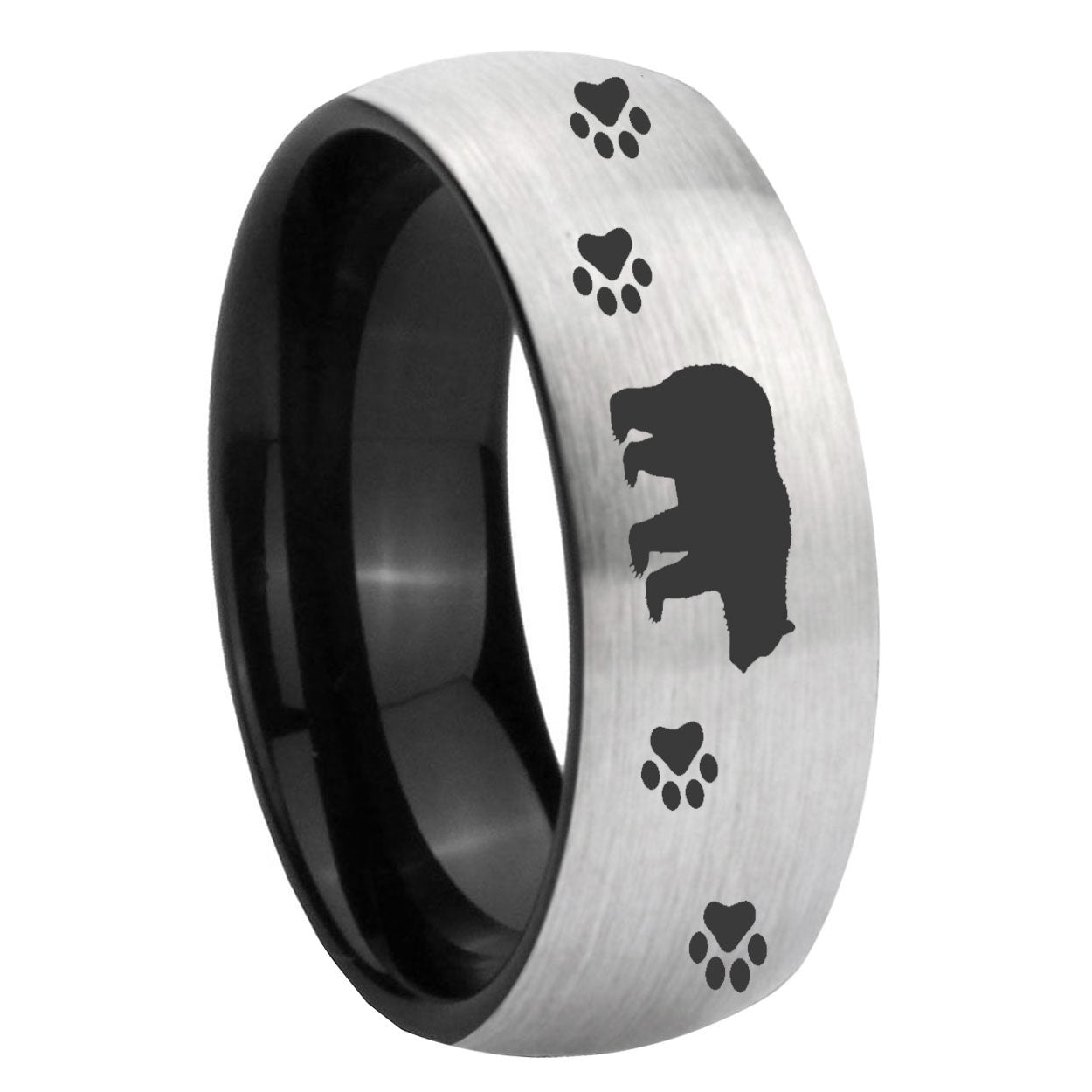 8mm Bear and Paw Two-Tone Classic Dome Gray Black Tungsten Promise Ring