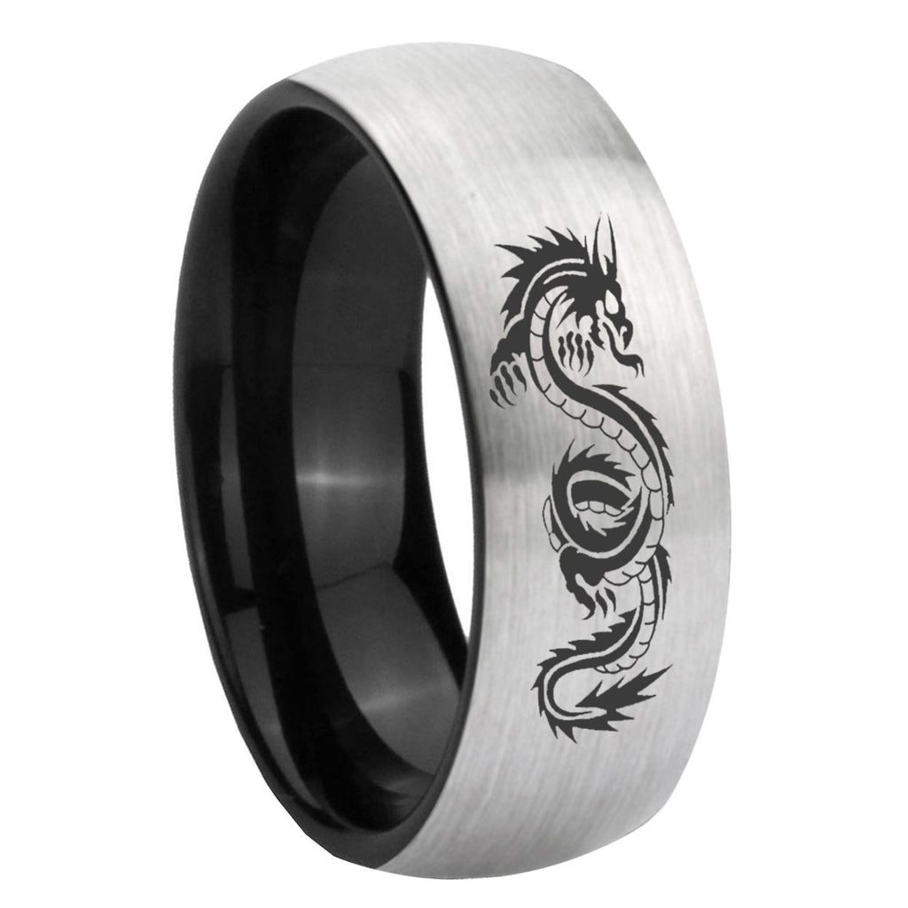 8mm Dragon Symbol Two-Tone Classic Dome Gray Black Tungsten Promise Ring