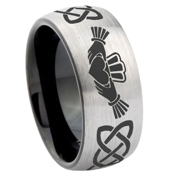 10mm-Irish-Claddagh-Dome-Tungsten-Carbide-Silver-Black-Engagement-Ring