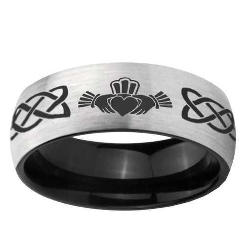 10mm Irish Claddagh Dome Tungsten Carbide Silver Black Engagement Ring