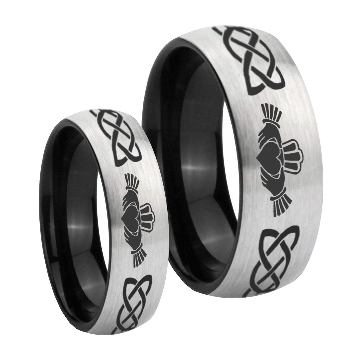 Irish Claddagh Dome Gray Black Tungsten Wedding Ring Set