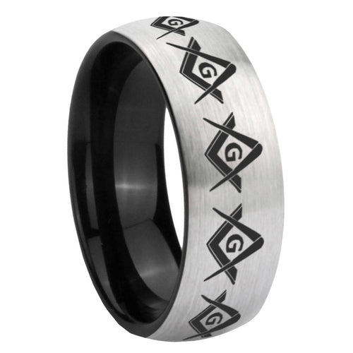 10mm Masonic Square and Compass Dome Tungsten Carbide Silver Black Engagement Ring