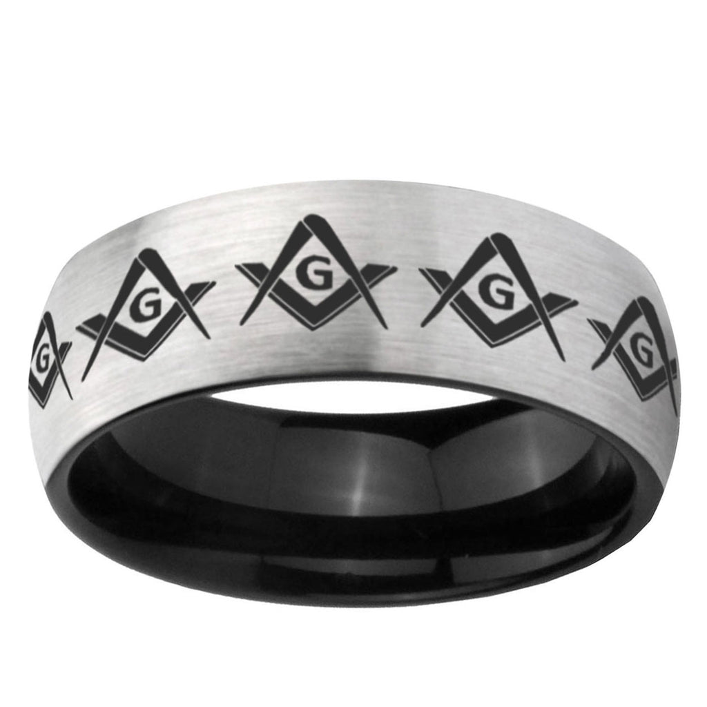 6mm Masonic Square and Compass Two-Tone Classic Dome Gray Black Tungsten Promise Ring