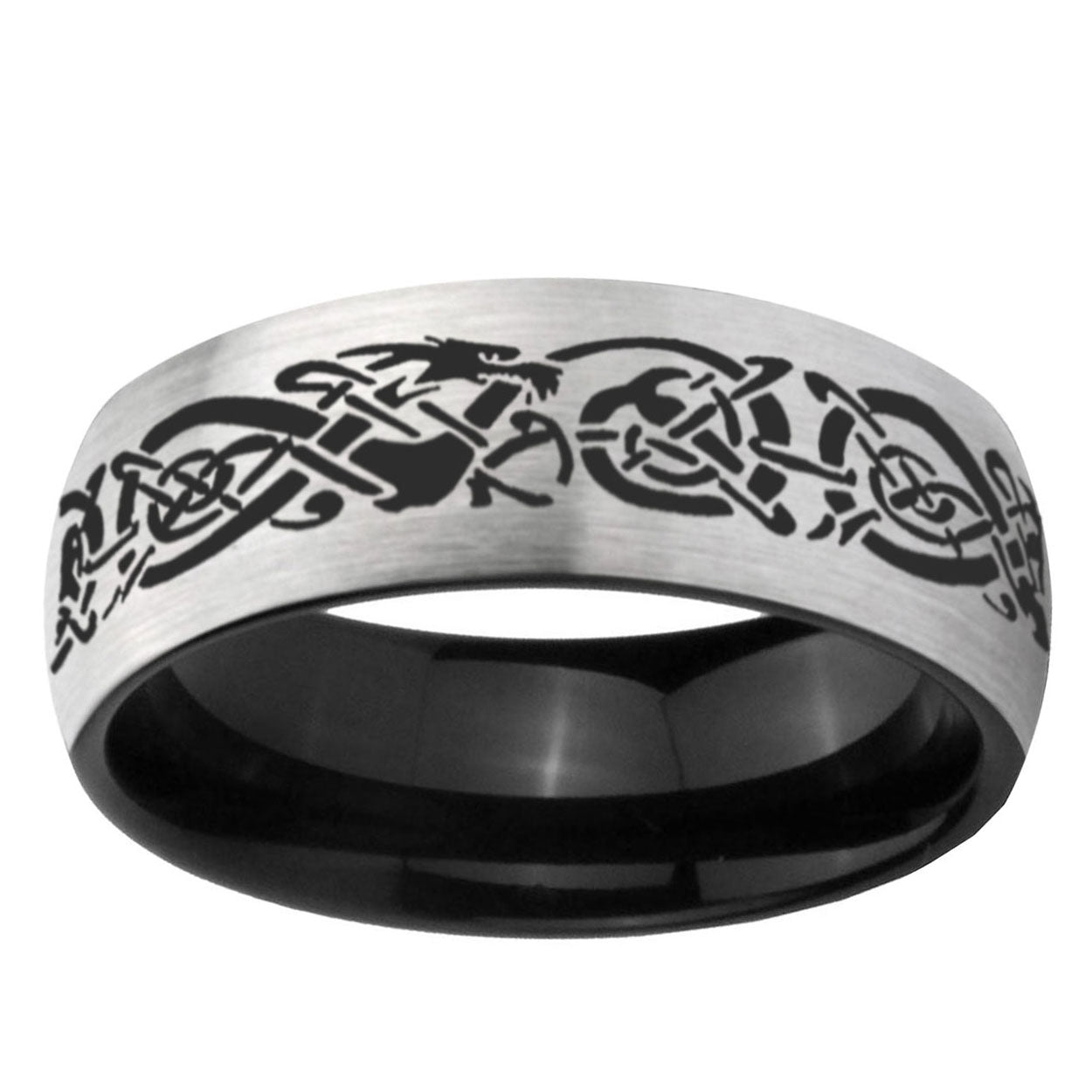 10mm Celtic Dragon Dome Tungsten Carbide Silver Black Engagement Ring