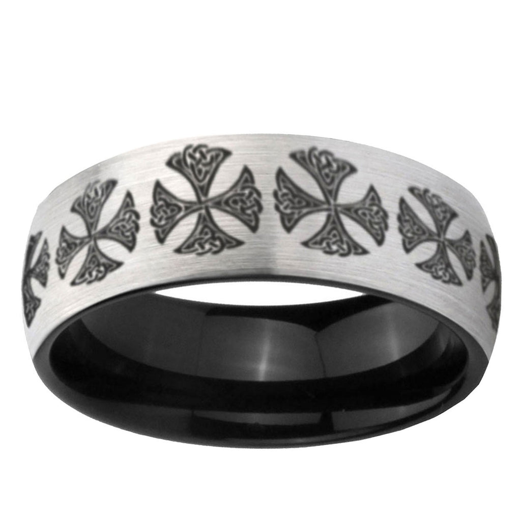 6mm Medieval Cross Two-Tone Classic Dome Gray Black Tungsten Promise Ring