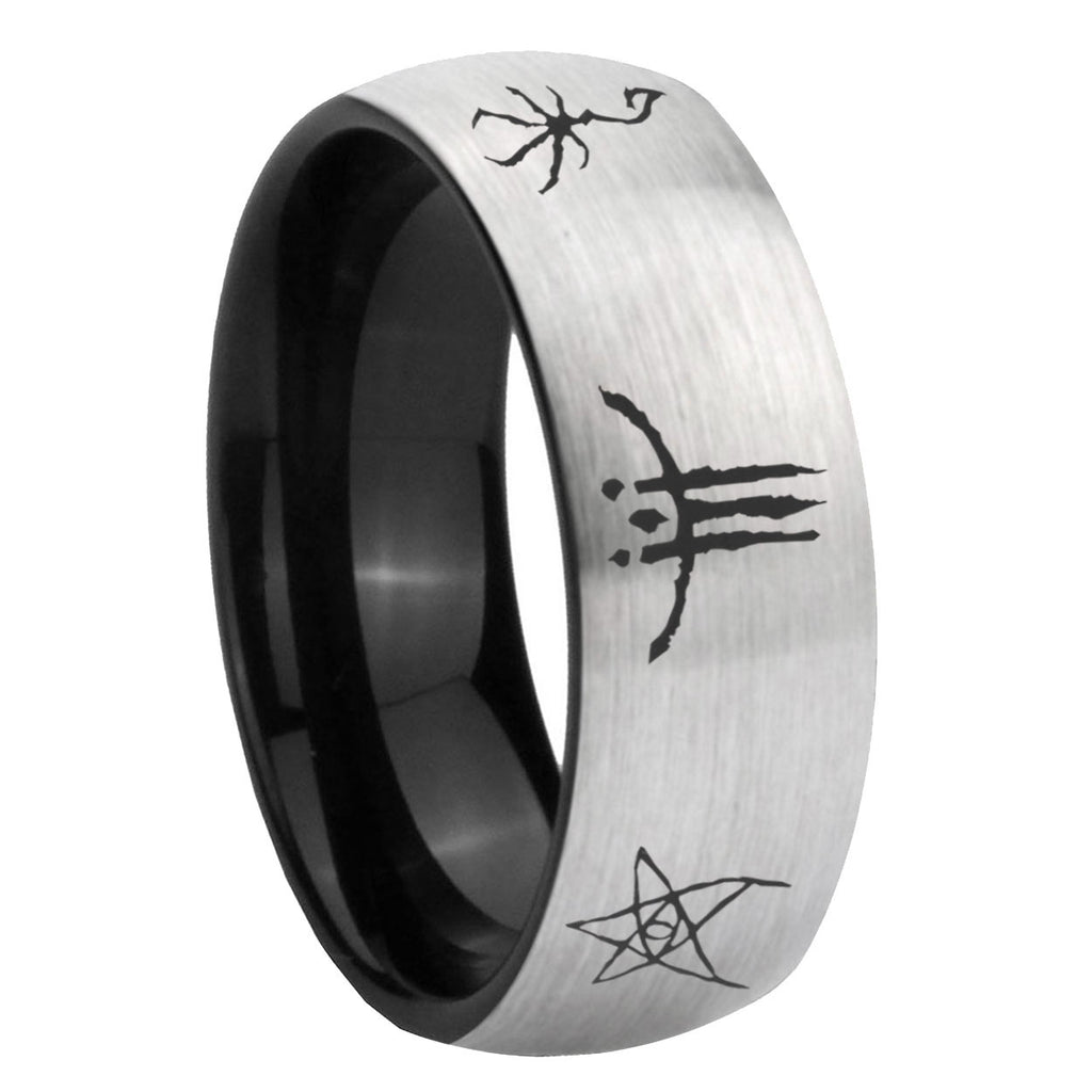 8mm Blackborne Caryll Runes Two-Tone Classic Dome Gray Black Tungsten Promise Ring
