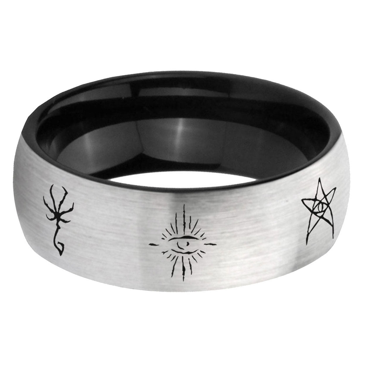 6mm Blackborne Caryll Runes Two-Tone Classic Dome Gray Black Tungsten Promise Ring