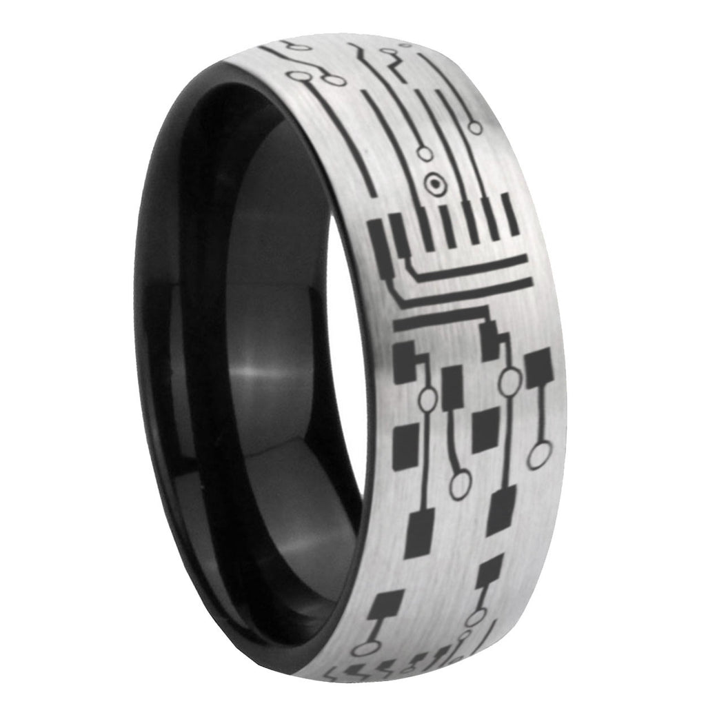8mm Circuit Board Two-Tone Classic Dome Gray Black Tungsten Promise Ring