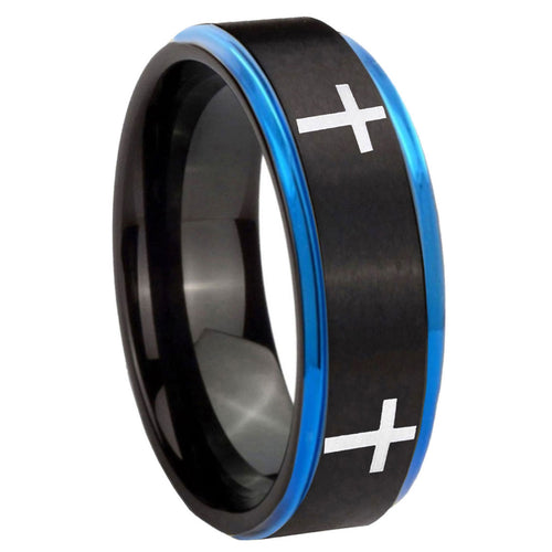 8mm Crosses Blue Step Edge Black Tungsten Custom Mens Ring