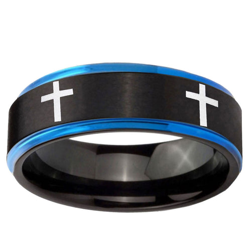 5mm Crosses Blue Step Edge Black Tungsten Custom Mens Ring